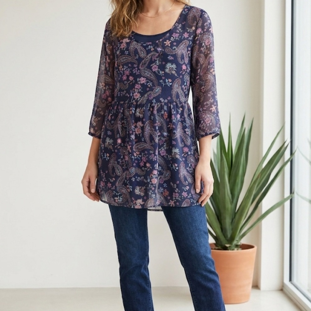 Women’s Navy Floral Paisley Sheer Tunic Top